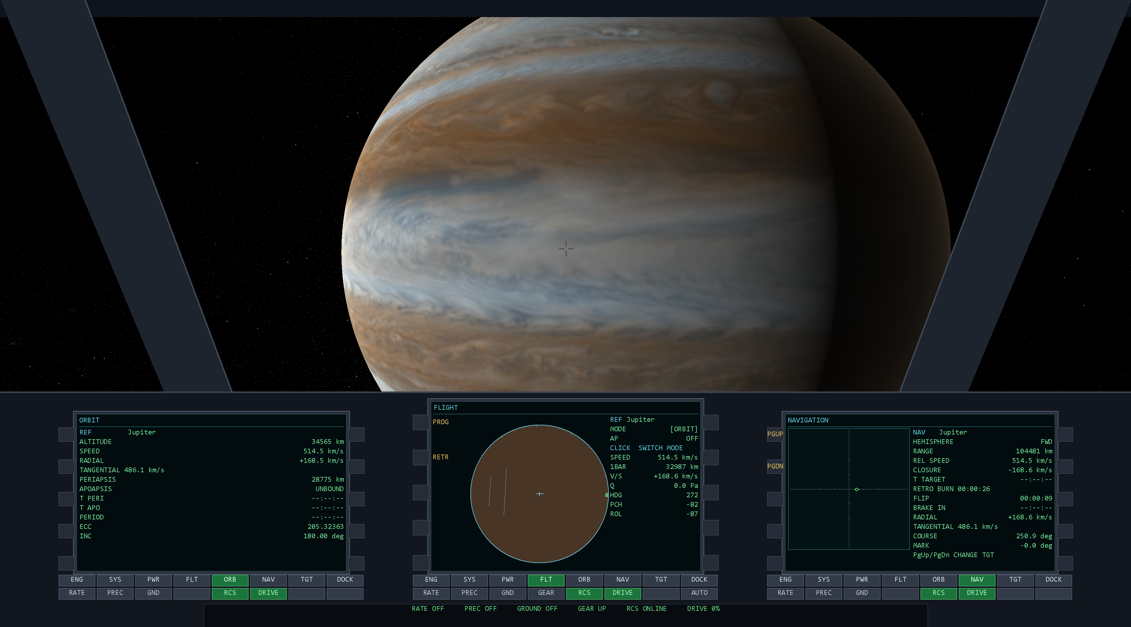 Jupiter filling the cockpit view, with orbital and navigation instruments below