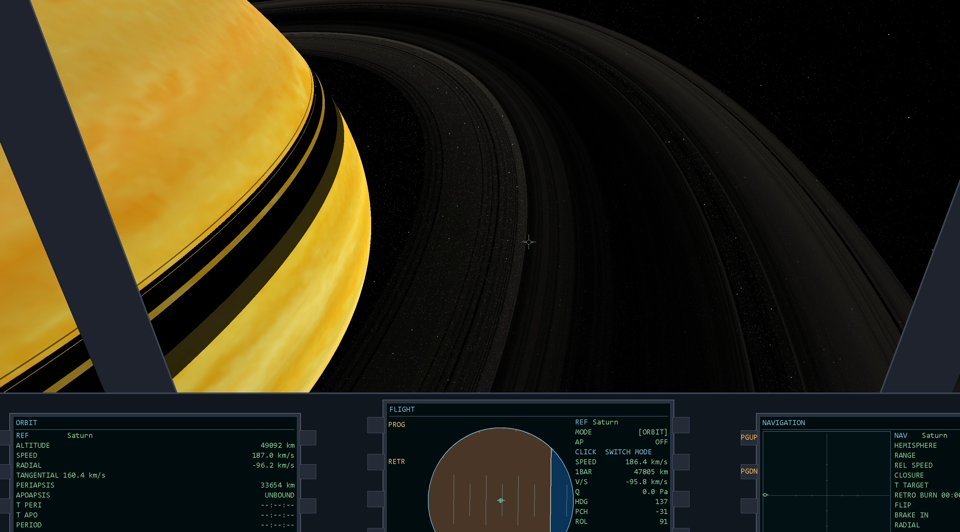 Saturn and its rings seen from a spacecraft cockpit